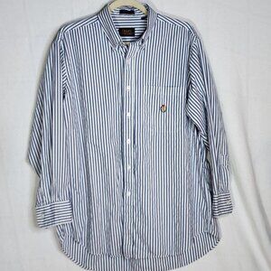 Chaps Ralph Lauren White Blue Stripe Cotton Crest Oxford LS Shirt Size 17 32/33